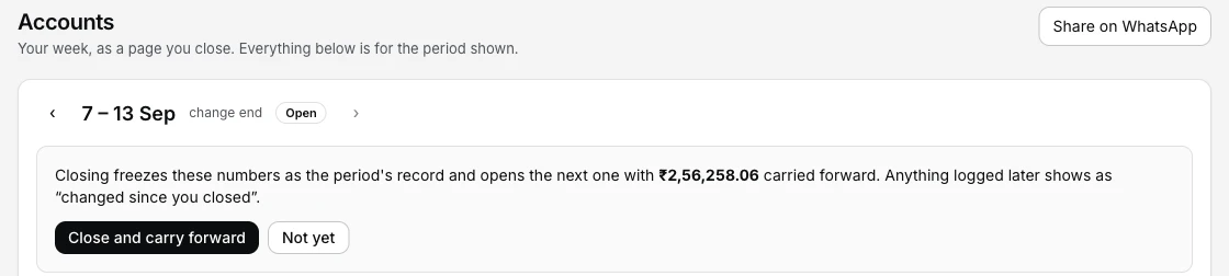 The close confirmation on an open period, naming the exact cash carried forward that the next period will open with