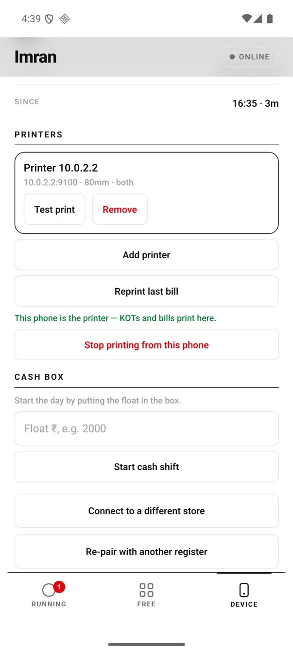 EasyKOT Android Device tab: the printer card with Test print and Remove, the green line This phone is the printer — KOTs and bills print here, a Stop printing from this phone button, and a Cash box section with a float field and Start cash shift