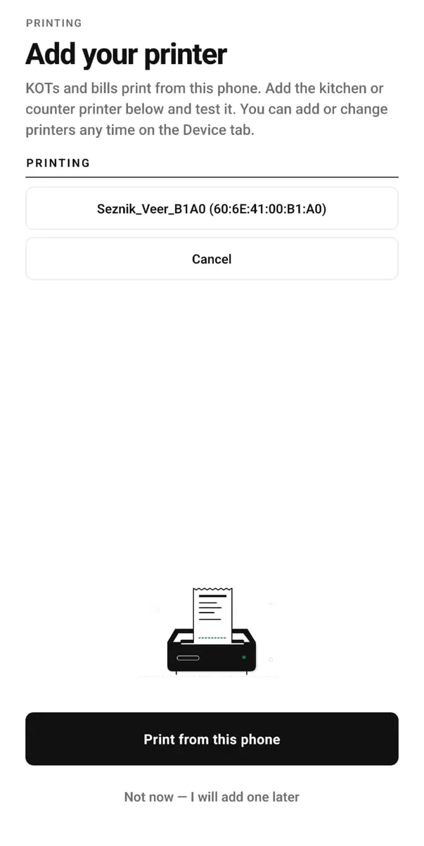Paired Bluetooth printers ki list: Seznik_Veer_B1A0 aur uska Bluetooth address, saath mein Cancel