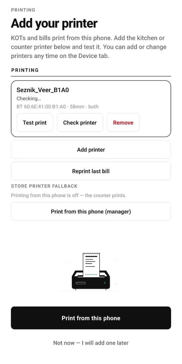Saved printer Seznik_Veer_B1A0: Checking, Bluetooth, 58mm, KOT aur bill dono; Test print, Check printer, Remove; neeche Print from this phone