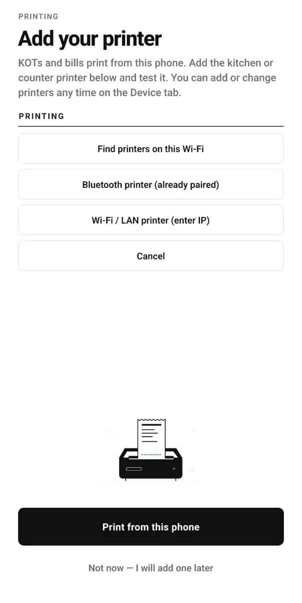 Android phone pe Add your printer: Find printers on this Wi-Fi, Bluetooth printer (already paired), Wi-Fi / LAN printer (enter IP) aur Cancel, neeche Print from this phone