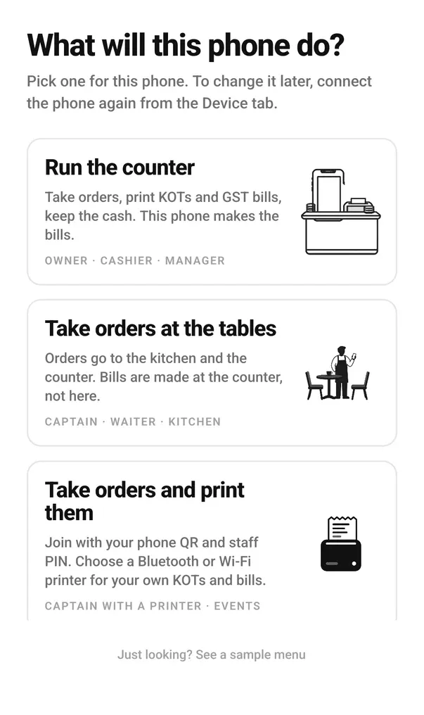 EasyKOT Android ki pehli screen: What will this phone do? aur teen cards, Run the counter, Take orders at the tables aur Take orders and print them, neeche Just looking? See a sample menu