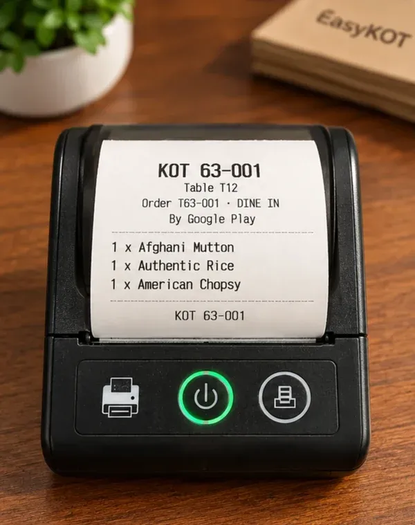 SEZNIK 58mm printer se nikalta KOT: bada KOT 63-001, Table T12, Order T63-001 · DINE IN, By Google Play, teen dishes aur neeche KOT 63-001
