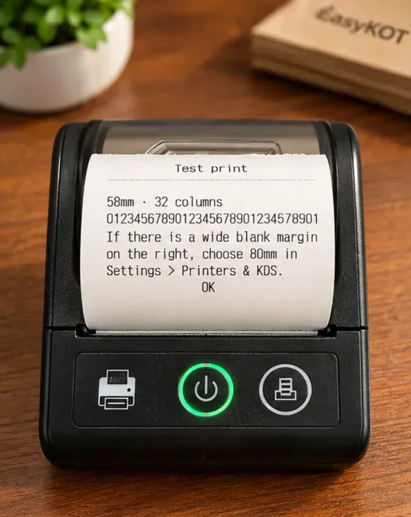 SEZNIK 58mm printer se nikalti test slip: Test print, 58mm · 32 columns, 32 digits ki line, 80mm wala note aur OK