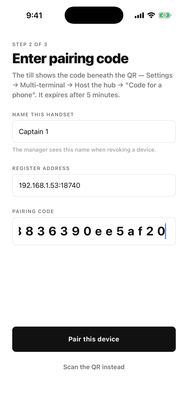 EasyKOT Captain app Enter pairing code screen: handset named Captain 1, register address 192.168.1.53:18740, pairing code filled in, Pair this device enabled