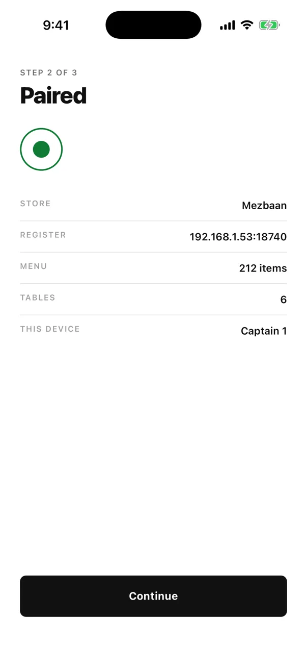 EasyKOT Captain app Paired confirmation: store Mezbaan, register 192.168.1.53:18740, menu 212 items, tables 6, this device Captain 1