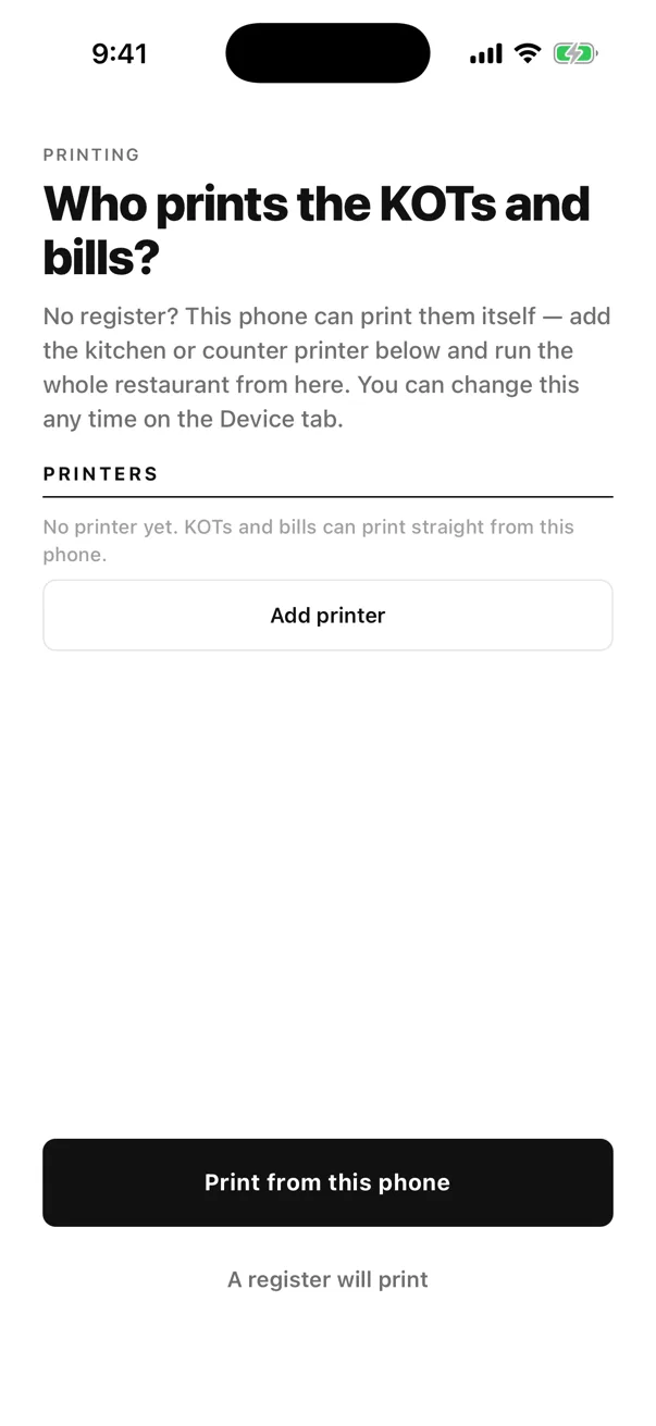 EasyKOT Captain app Printing screen: 'Who prints the KOTs and bills?' with Add printer, Print from this phone and A register will print
