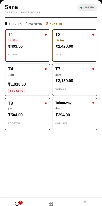 Captain app on a phone: running tables with timers and amounts