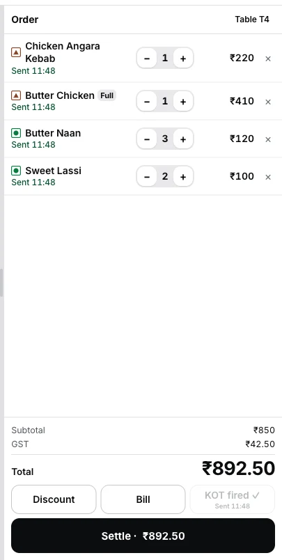 Register cart for Table T4 showing every line sent to the kitchen at 11:48 with the KOT fired ✓ confirmation