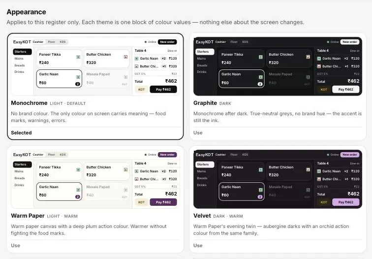 Appearance settings showing four of the six register themes: Monochrome, Graphite, Warm Paper and Velvet