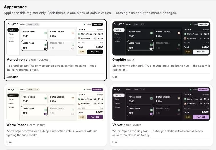 Appearance settings showing four of the six register themes: Monochrome, Graphite, Warm Paper and Velvet