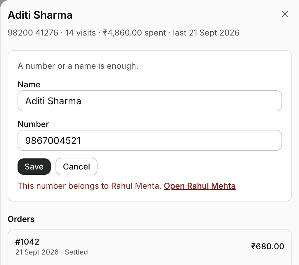 Customers page pe Aditi Sharma ka panel, 98200 41276, 14 visits, ₹4,860.00 spent, edit form khula hai: Number badal ke 9867004521 kiya, aur Save ke baad line This number belongs to Rahul Mehta. aur alag se underline wala link Open Rahul Mehta, neeche unke orders, sabse upar #1042, 21 Sept 2026, Settled, ₹680.00