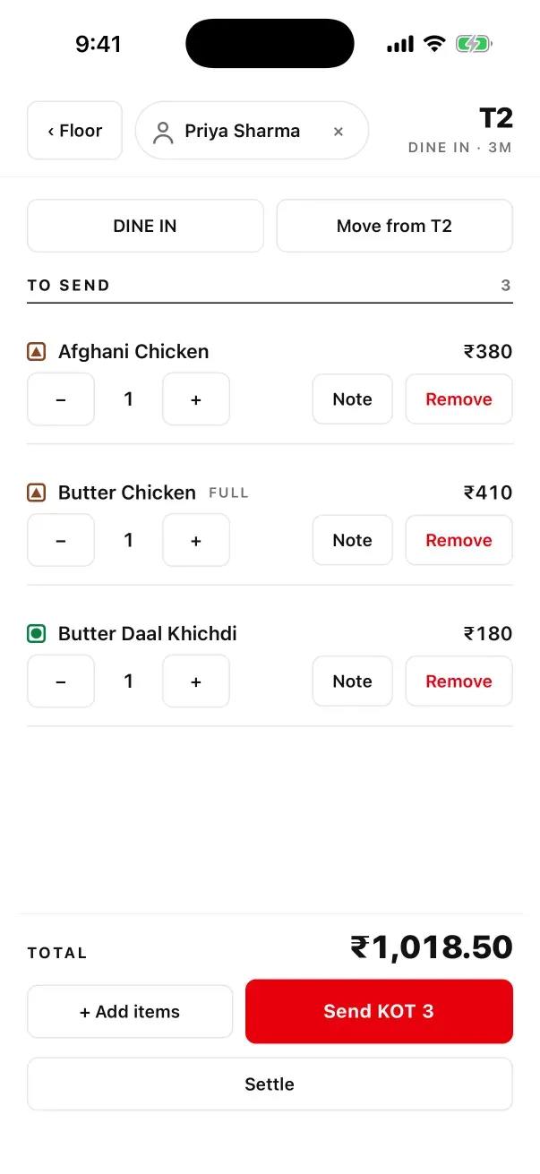 Attach ke baad table T2 ki captain app order screen: ‹ Floor ke bagal mein pill jisme poora naam Priya Sharma aur ×, To send ke neeche teen dishes, total ₹1,018.50 aur laal Send KOT 3 button