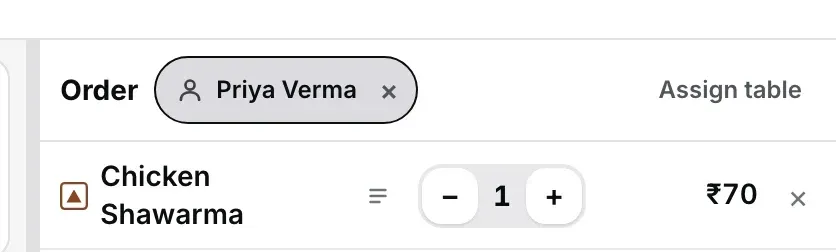 Cart ka header, Order likha hua, saath mein ek pill: person icon, Priya Verma aur chhota ×, right mein Assign table, aur neeche ₹70 ki Chicken Shawarma line