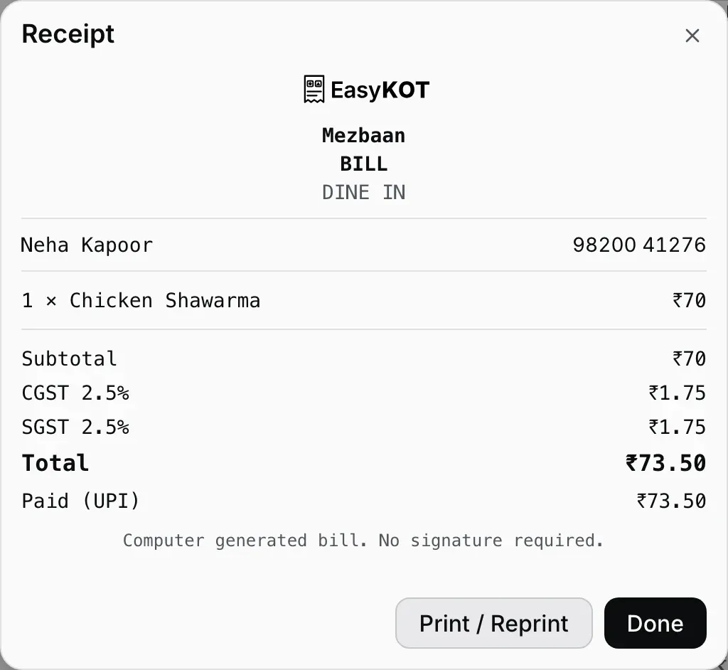 Mezbaan ki screen wali receipt, BILL, DINE IN, ek row jisme left mein Neha Kapoor aur right mein 98200 41276, uske neeche 1 × Chicken Shawarma ₹70, CGST 2.5% aur SGST 2.5% dono ₹1.75, Total ₹73.50 aur Paid (UPI) ₹73.50
