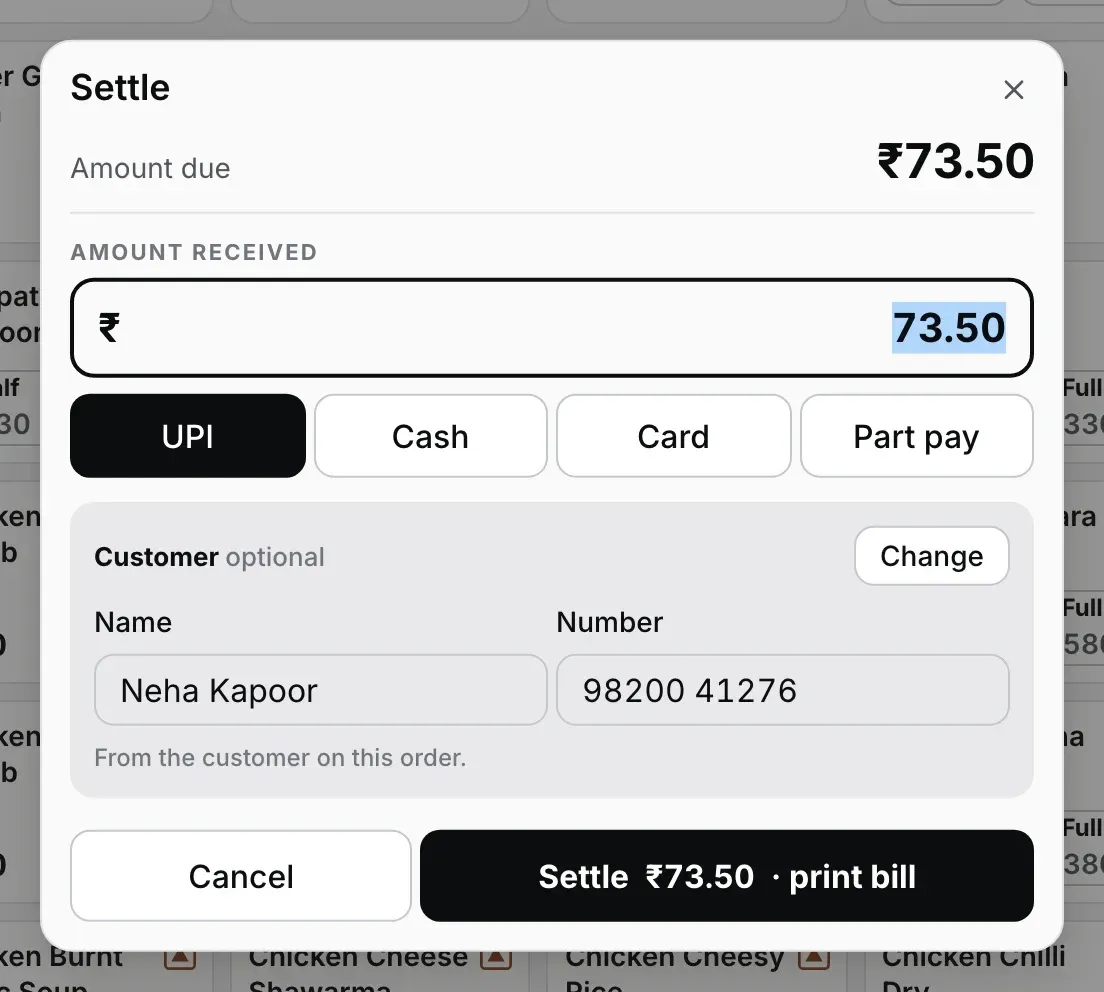 Wahi Settle dialog, customer attach hai: Name field mein Neha Kapoor aur Number field mein 98200 41276, dono grey aur read-only, box ke upar right mein Change button, aur line From the customer on this order.