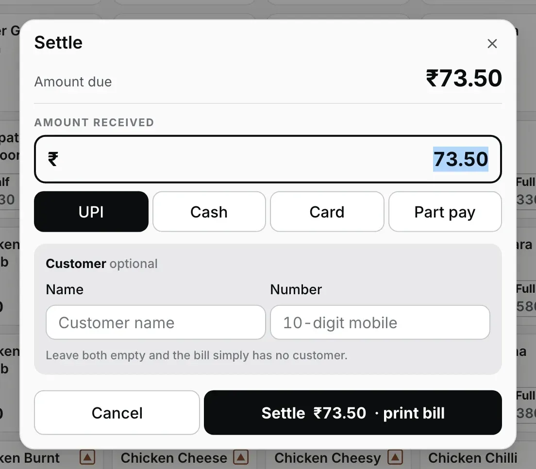 ₹73.50 ka Settle dialog, UPI select, aur Customer optional box mein khaali Name aur Number fields, placeholder Customer name aur 10-digit mobile, neeche line Leave both empty and the bill simply has no customer., phir Cancel aur Settle ₹73.50 · print bill