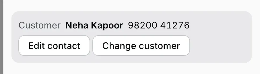 Settled order ka customer box: Customer, Neha Kapoor, 98200 41276, neeche Edit contact aur Change customer buttons