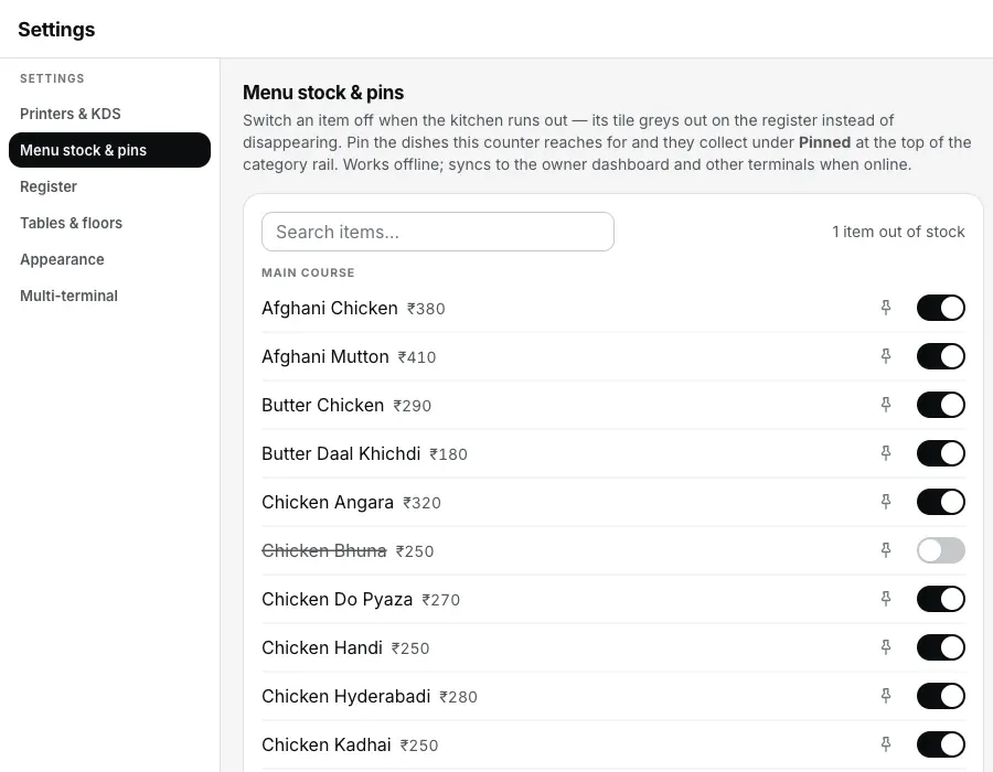 The register's Menu stock & pins screen: a searchable list of dishes with in-stock switches and pin keys, one dish switched off to show the stocked-out state that greys its tile instead of hiding it