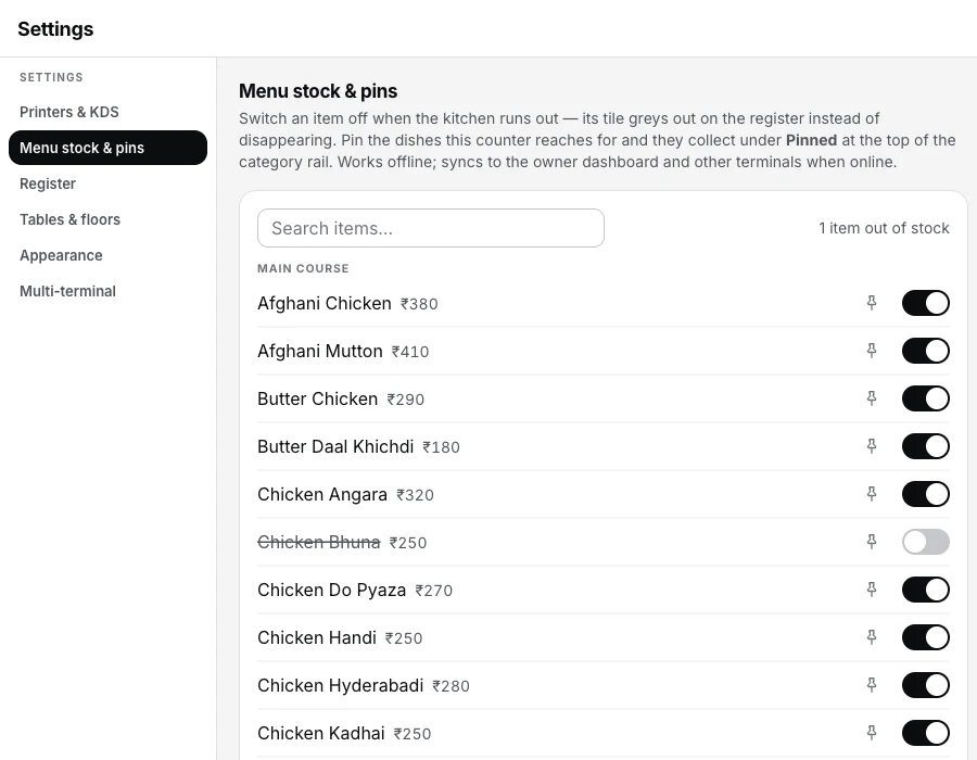 The register's Menu stock & pins screen: a searchable list of dishes with in-stock switches and pin keys, one dish switched off to show the stocked-out state that greys its tile instead of hiding it