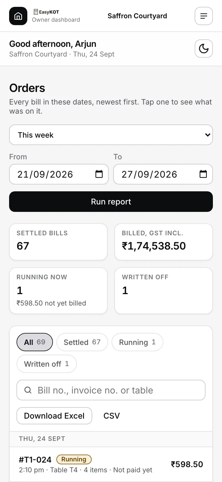 Phone pe Orders page: This week ka dropdown, From aur To dates, Run report, 2-2 karke 4 box (Settled bills 67, Billed GST incl. ₹1,74,538.50, Running now 1, Written off 1), All, Settled, Running, Written off button, search, Download Excel aur CSV, aur Thu, 24 Sept ke neeche pehla bill #T1-024 Running, 2:10 pm, Table T4, 4 items, Not paid yet, ₹598.50