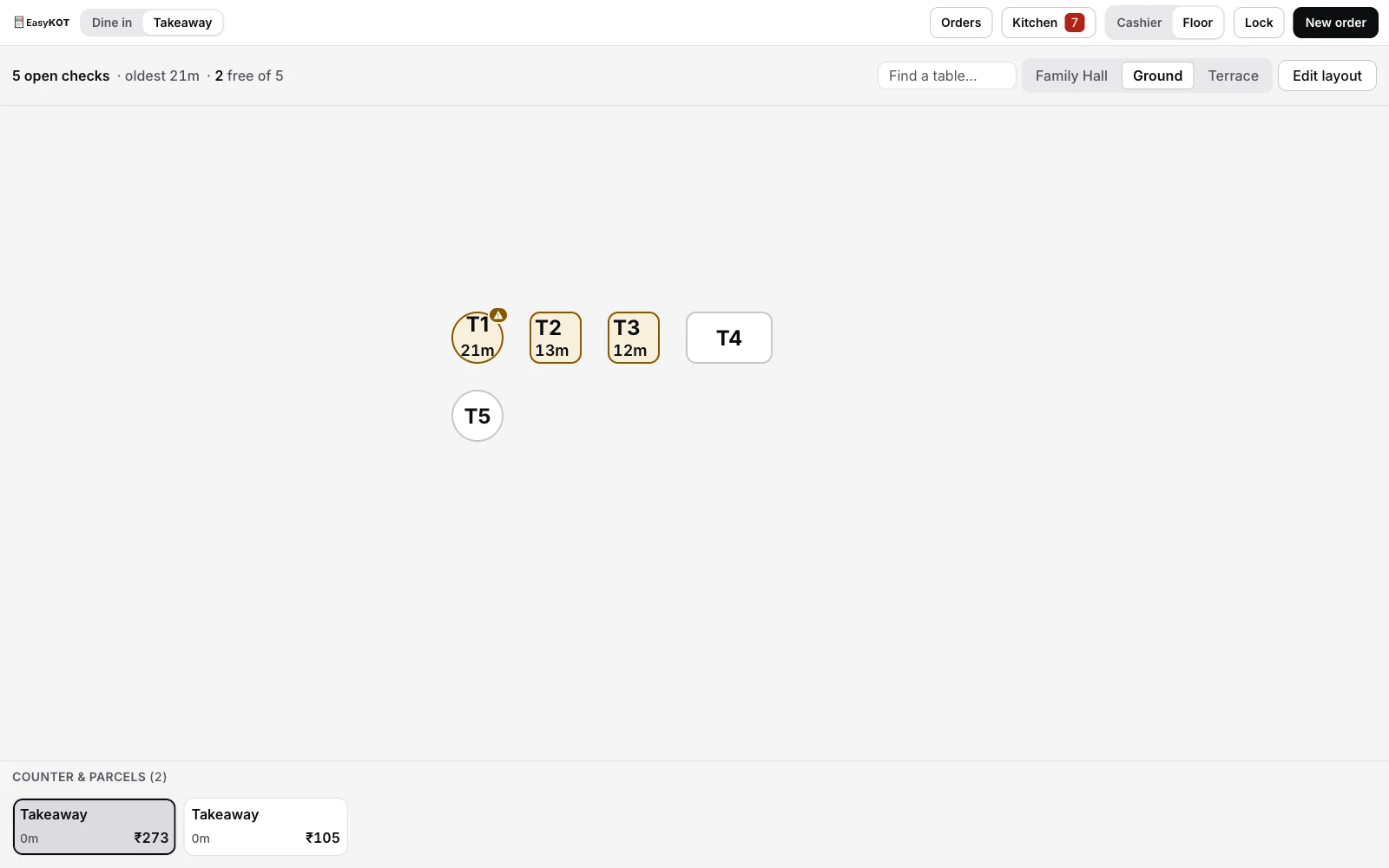 The Floor tab with the Counter & parcels strip below the room: parcel checks with order handles and running totals in a self-scrolling row, while the table plan above stays full size