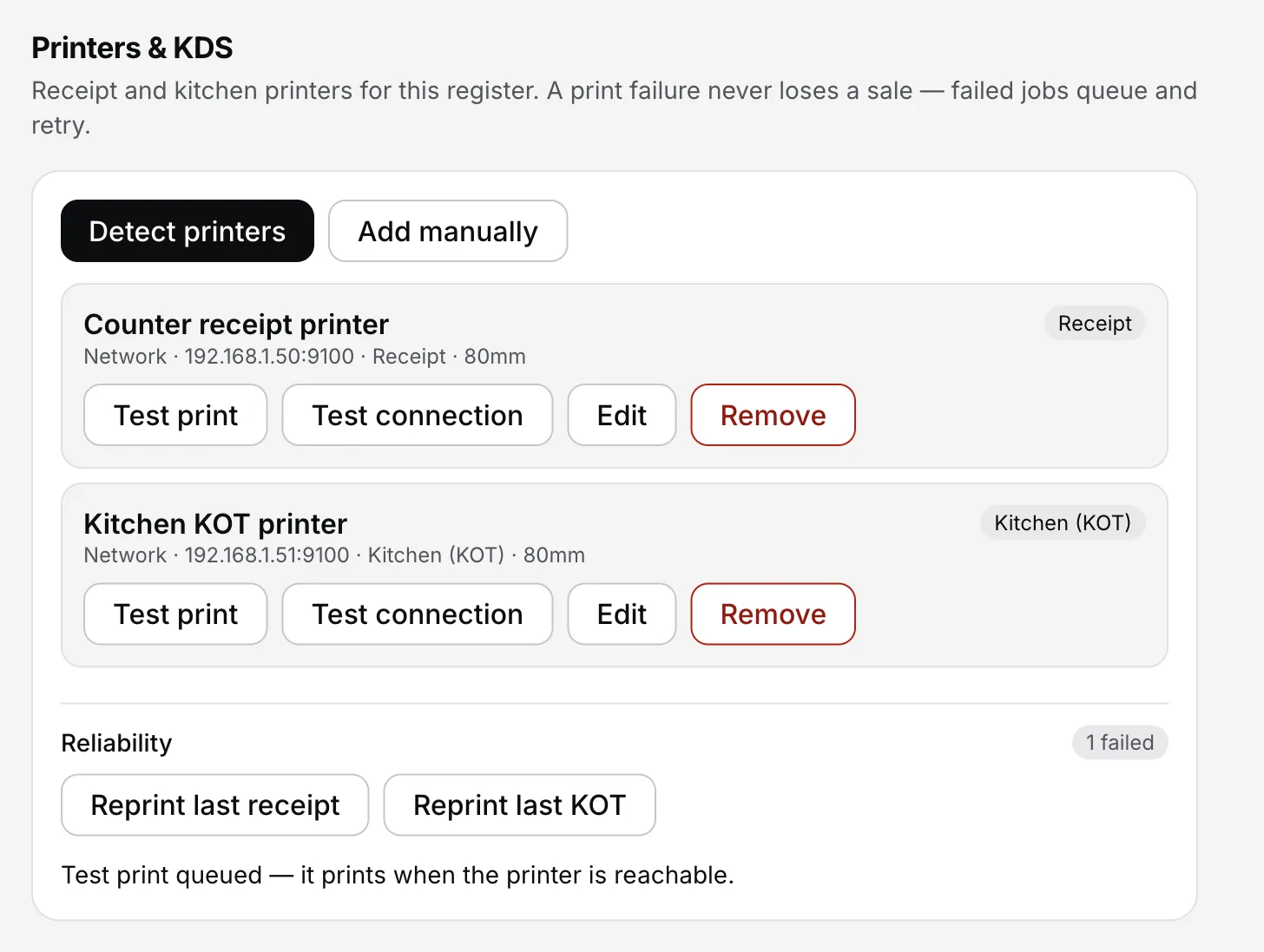 EasyKOT Settings, Printers and KDS: a counter receipt printer and a kitchen KOT printer with their roles, Test print and Test connection buttons, and a Reliability row showing a failed job with Reprint last receipt and Reprint last KOT