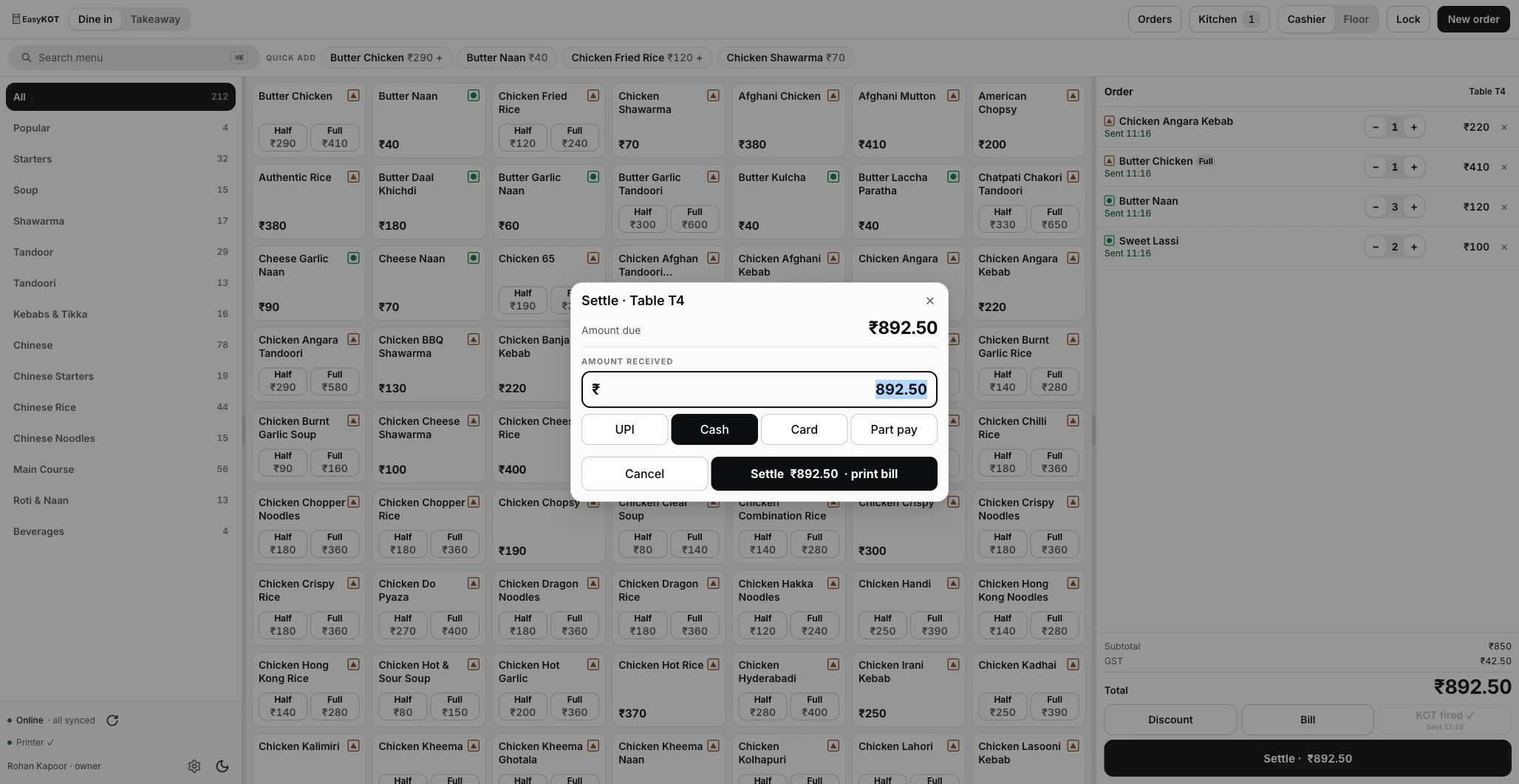EasyKOT settle dialog for Table T4: ₹892.50 typed into Amount received against a ₹892.50 bill, Cash selected, and the UPI, Card and Part pay buttons alongside it