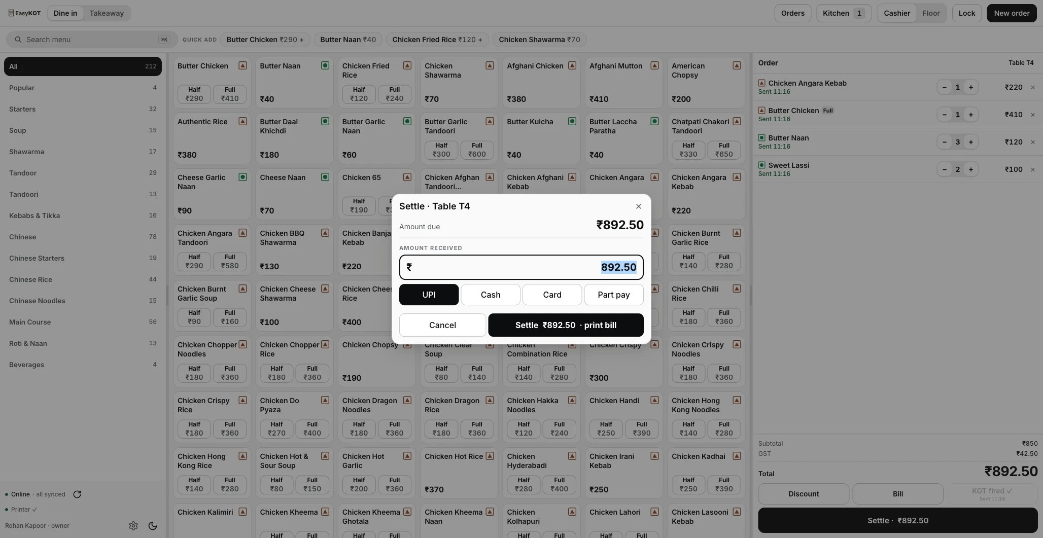 Settle dialog for Table T4: ₹892.50 typed into Amount received against a ₹892.50 bill, UPI selected by default, above the Cash, Card and Part pay buttons